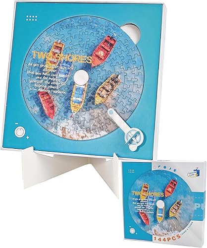 Universal Castle 144 Pieces CD-Sized Puzzle for Adults with Display Stand, 1-Hour Relaxing, Desk Decor for Office and Home, Unique Round Shaped Gift (Two Shores)