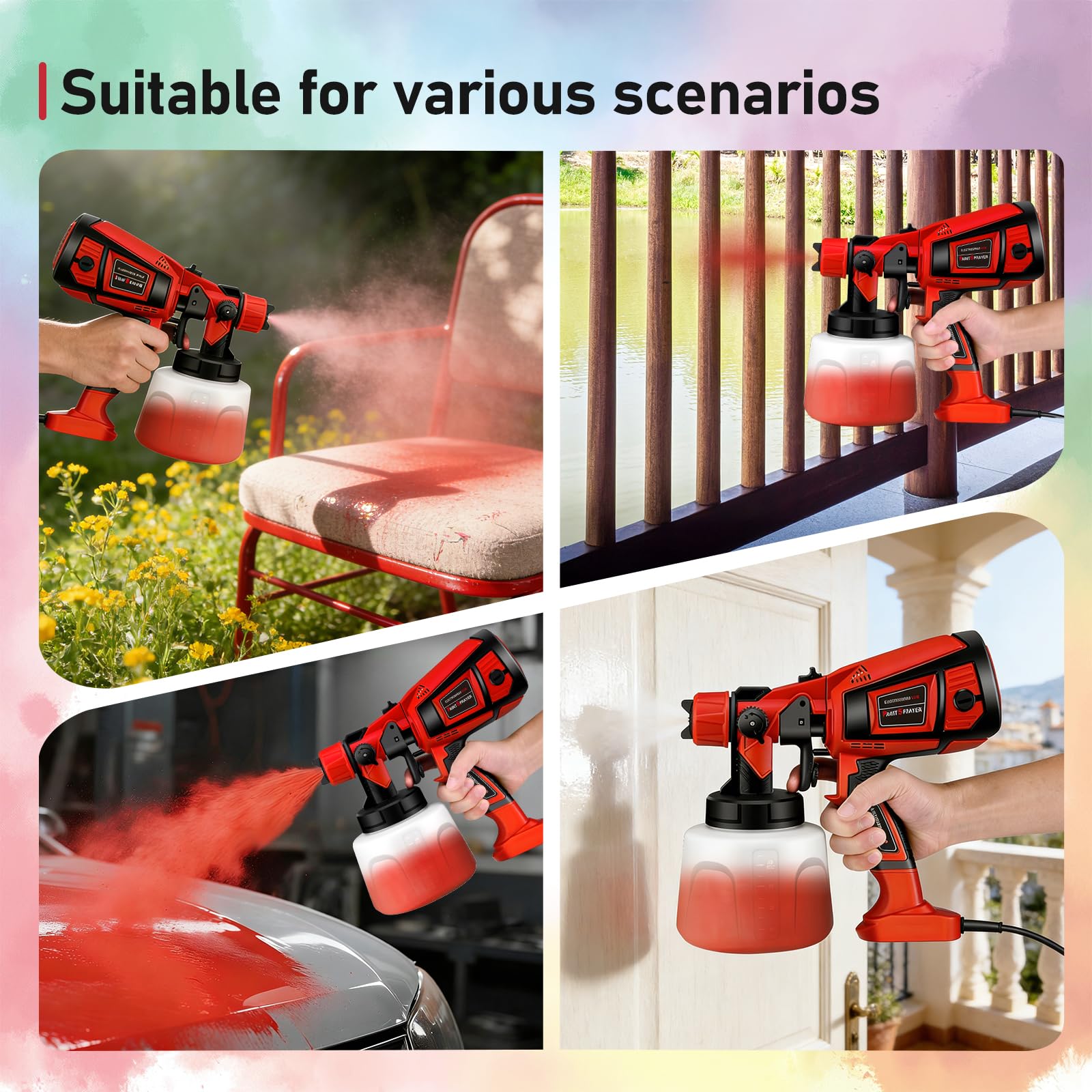 Pistola de Pintura,800W HVLP Pulverizador de Pintura Eléctrico con Recipiente de 1400ml, Flujo Máximo de 1000ml/min,4 Boquillas para la Pulverización y Limpieza del Bricolaje