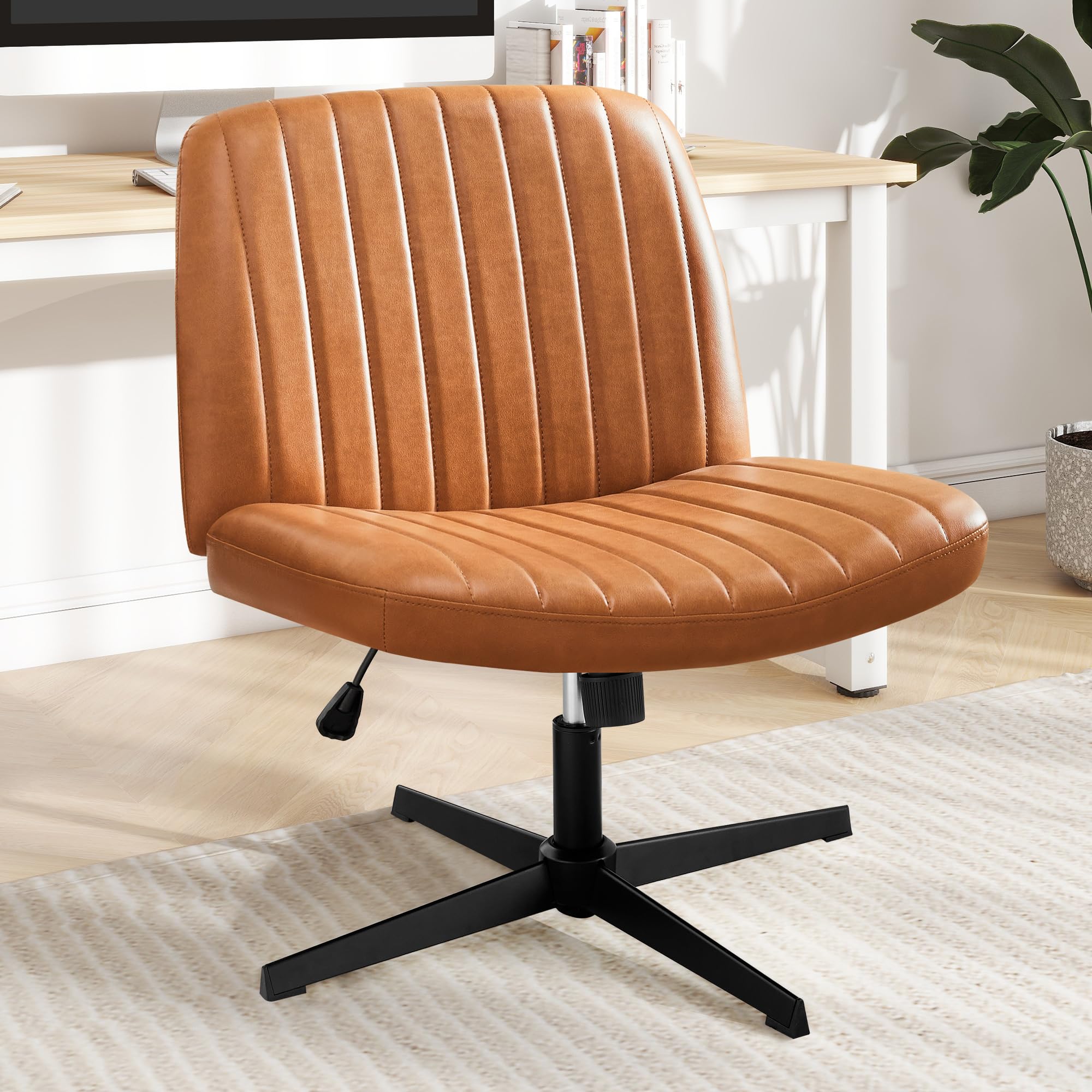 Criss Cross Chair, Cross Legged Office Chair, Wide Comfty Desk Chair, No Wheels Armless Computer Task Chair, Swivel Leather Vanity Home Chair, Height
