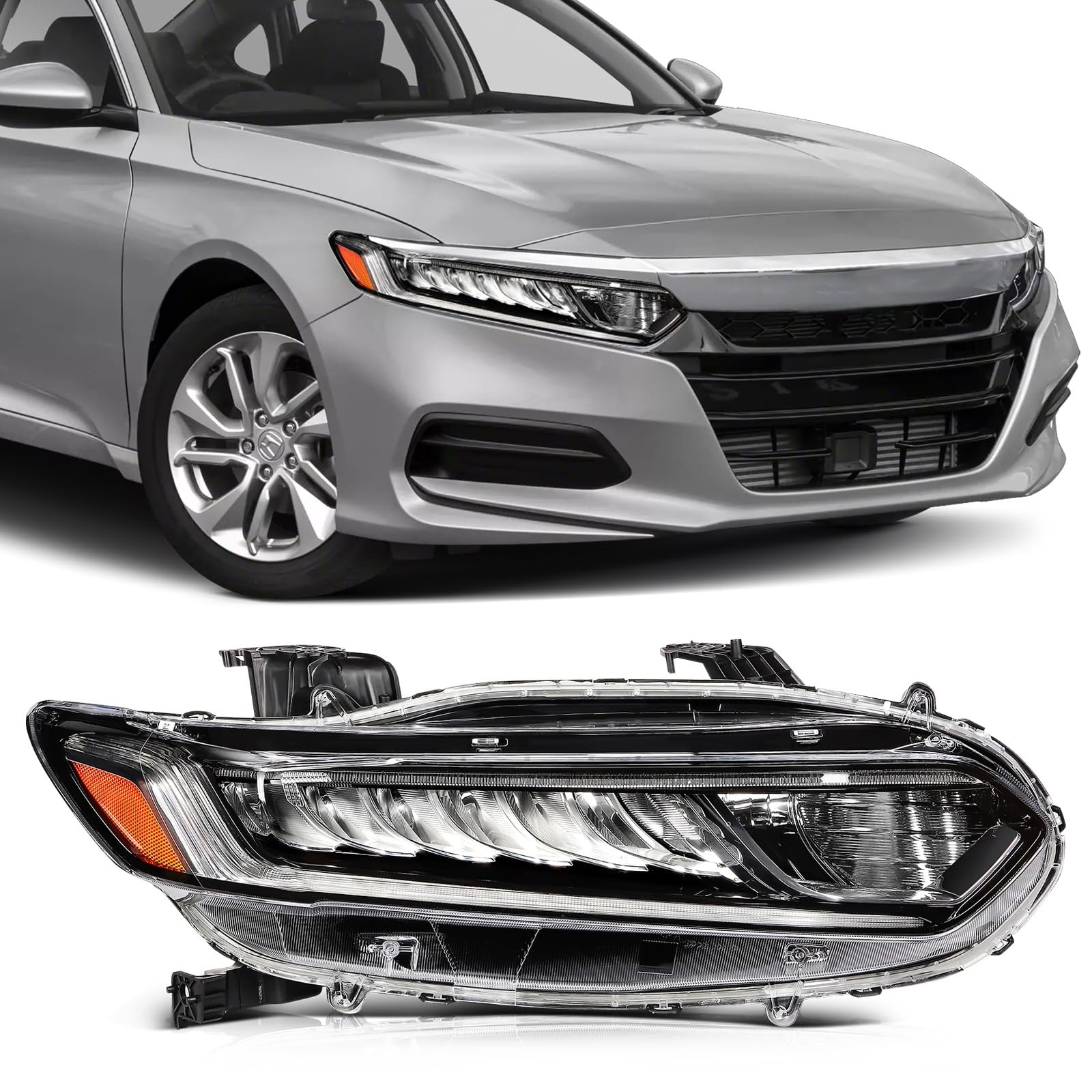 SCITOO Headlight Assembly Fit 2018-2021 for Honda Accord Chrome Housing Amber Reflector Right Side Headlight 33150-TVA-A01