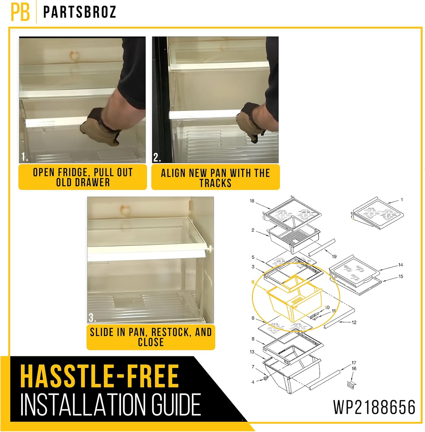 PartsBroz WP2188656 Refrigerator Crisper Bin Drawer Pan for Whirlpool Kenmore Maytag AP6006055 2188656 2173386 2173694 PS11739119 WRS325FDAM04 WRS325FDAM02 ED5JHEXTB00 ED5LVAXWB02 GD5SHAXLB01