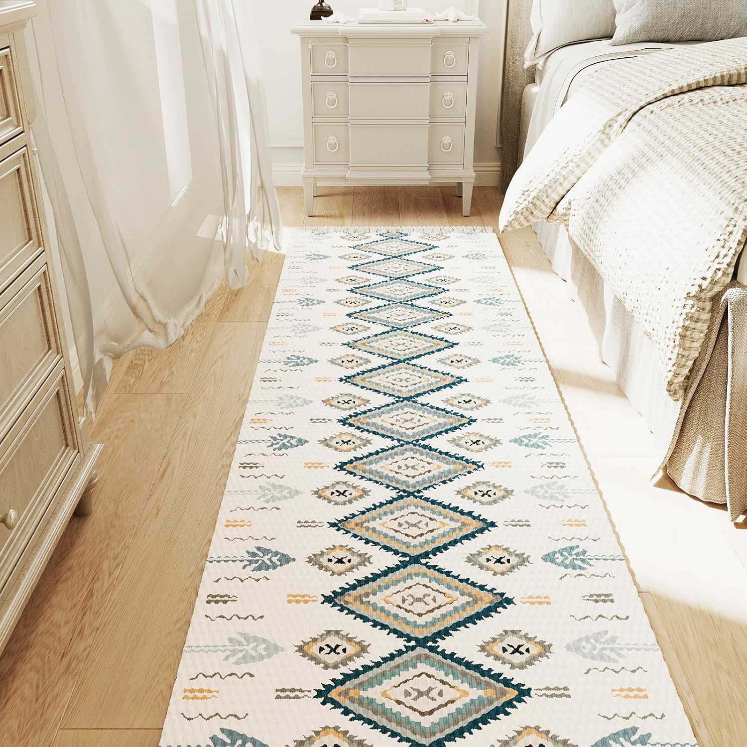 H.VERSAILTEX Handwoven 2x5 ft Boho Runner Rug with Tassels - Low Pile Easy Clean Washable Entryway Rug, Non-Slip Kitchen Runner for Hallway, Laundry Room, Corridor - Floor Mat(Blue/Tan)