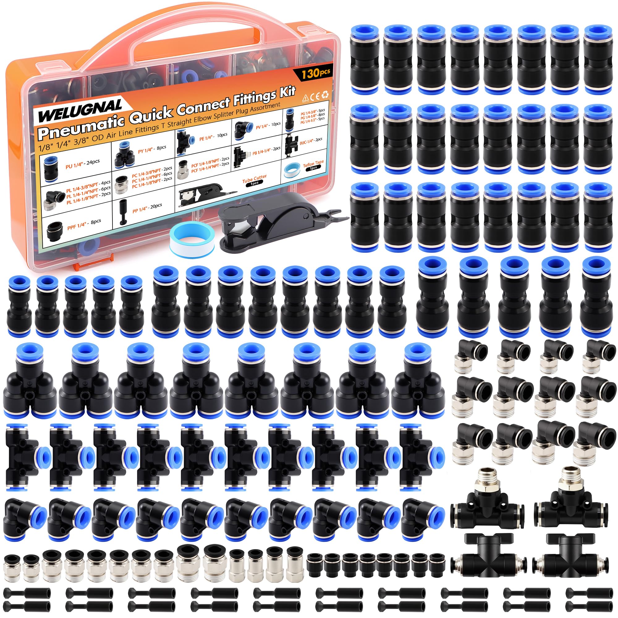 Photo 1 of 130PCS Blue 1/4" Quick Connect Air Hose Fittings Kit, Push to Connect Pneumatic NPT Reducer Adapters 1/8" 1/4" 3/8" 1/2", Quick Release for Air Compressor Industrial Trailer Repair