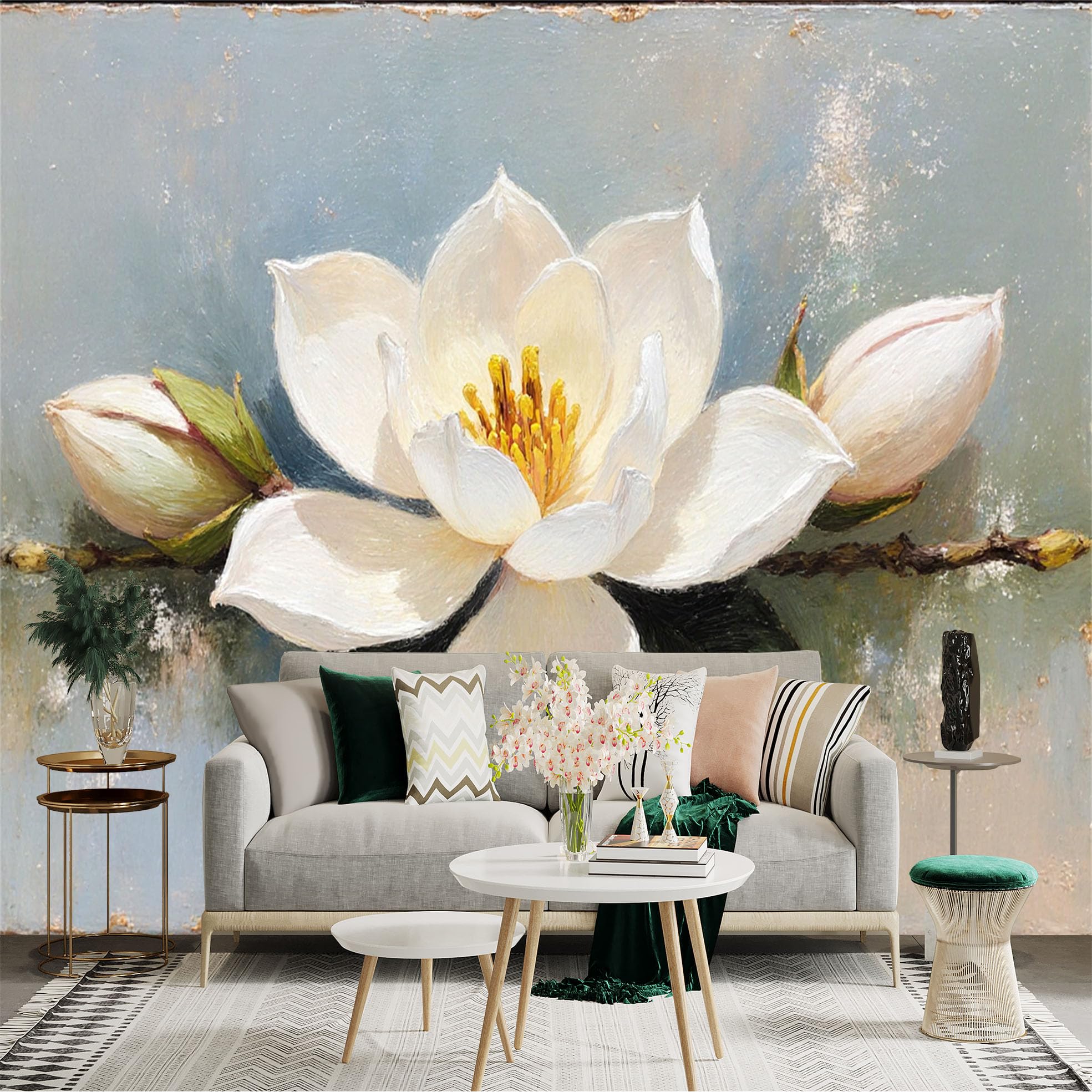 Custom Size Wall Sticker Mural， Elegant White Magnolia Flower， Soft Oil Painting Texture， Botanical Art Decor， for wall Decoration， peelandstick wall Decals.