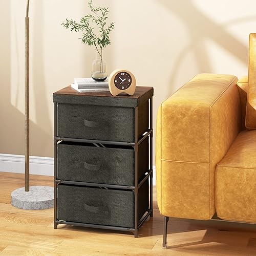 Miniatura 2 de GOFLAME Cómoda de tela con 3 cajones, mesita de noche para dormitorio, mesita de noche con contenedores y asas de tela extraíbles, mesa auxiliar