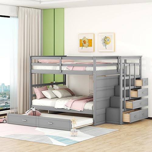 Miniatura 72 de Litera individual sobre matrimonial con cajones, escalera deslizante y almacenamiento, litera de madera con barandilla alta y escalera para niños,