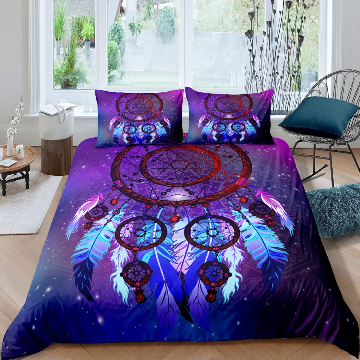 Housse de couette galaxy dreamcatcher pour lit enfant ado design plume bohème