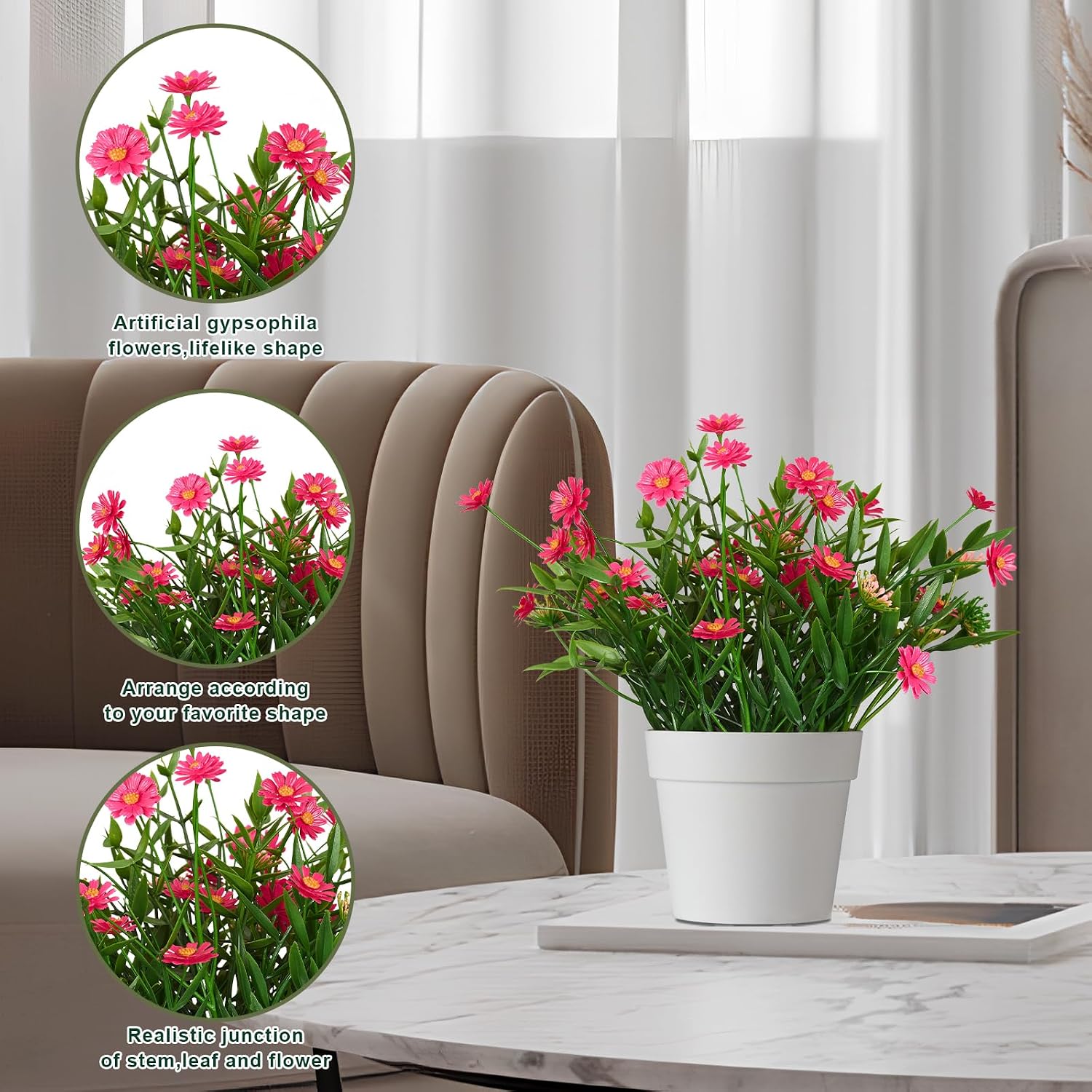 Fake Plants Daisy for Bathroom Decor, Small Potted Artificial Plants Indoor for Shelf Desk Home Bathroom Farmhouse Room Coffee Table Decor, Red