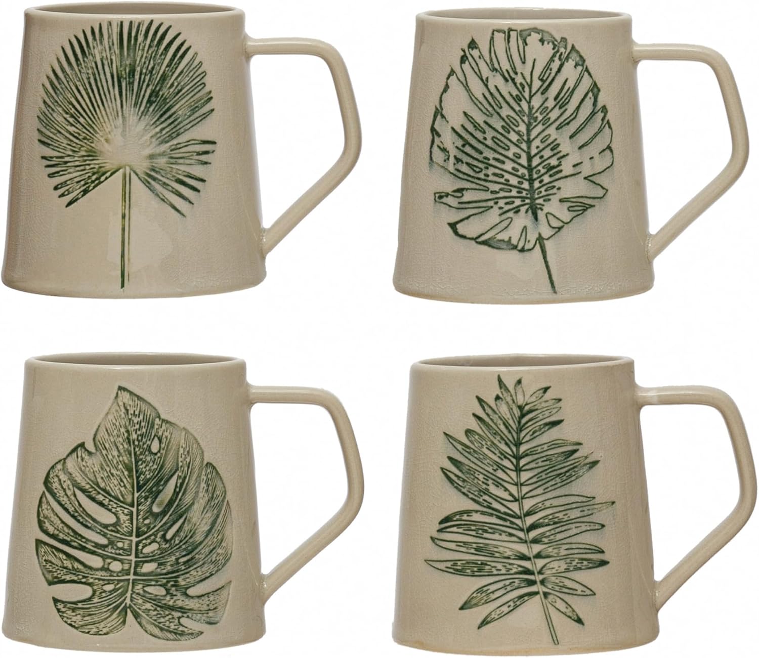 Creative Co-Op Stoneware Mug with Debossed Leaf, Reactive Crackle Glaze, 4 Styles