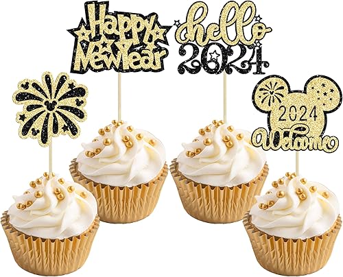Miniatura 1 de 24 piezas de decoración para cupcakes de Feliz Año Nuevo 2024 con purpurina de bienvenida 2024 Hello 2024 fuegos artificiales, mouse, decoración