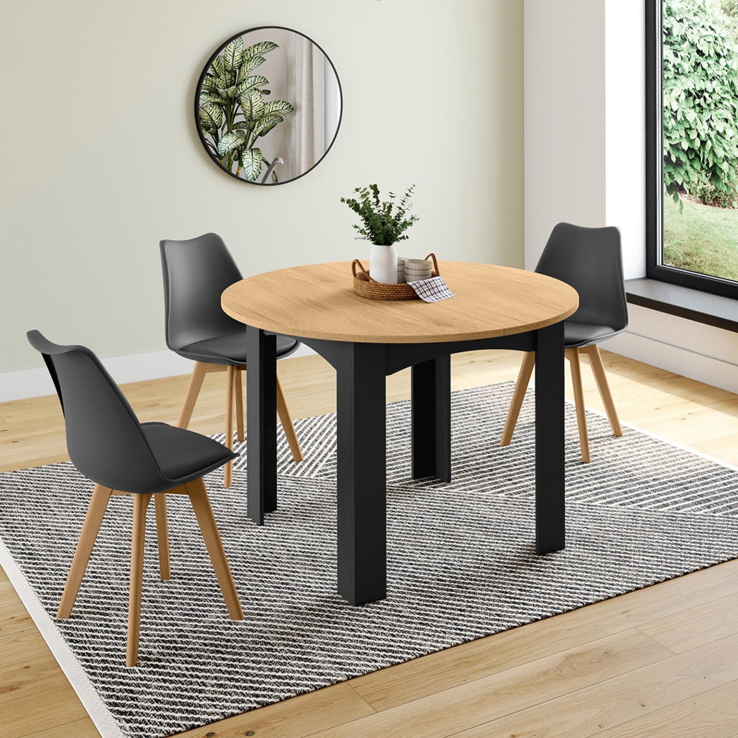 IDMarket - Table à Manger Extensible Ronde Dona 4-8 Personnes Noire Plateau façon hêtre 110-150 cm