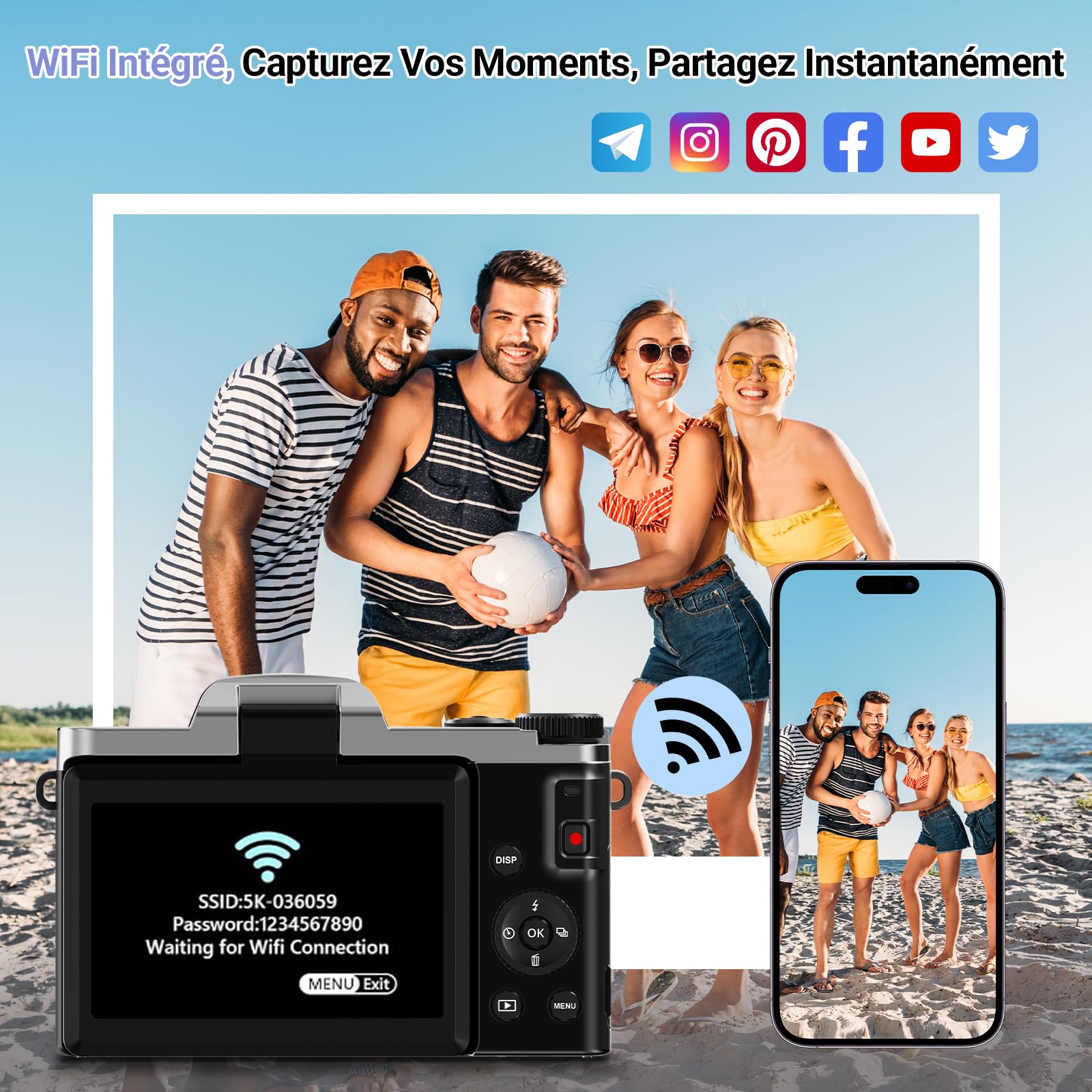 Appareil Photo Numérique avec WiFi 4K 64MP, WiFi Appareil Photo Compact avec Écran Rotatif 3” 180°, Zoom Numérique 16X, Autofocus, Flash, 2 Batteries & Carte 32GB, Idéal pour Adolescents, Débutants