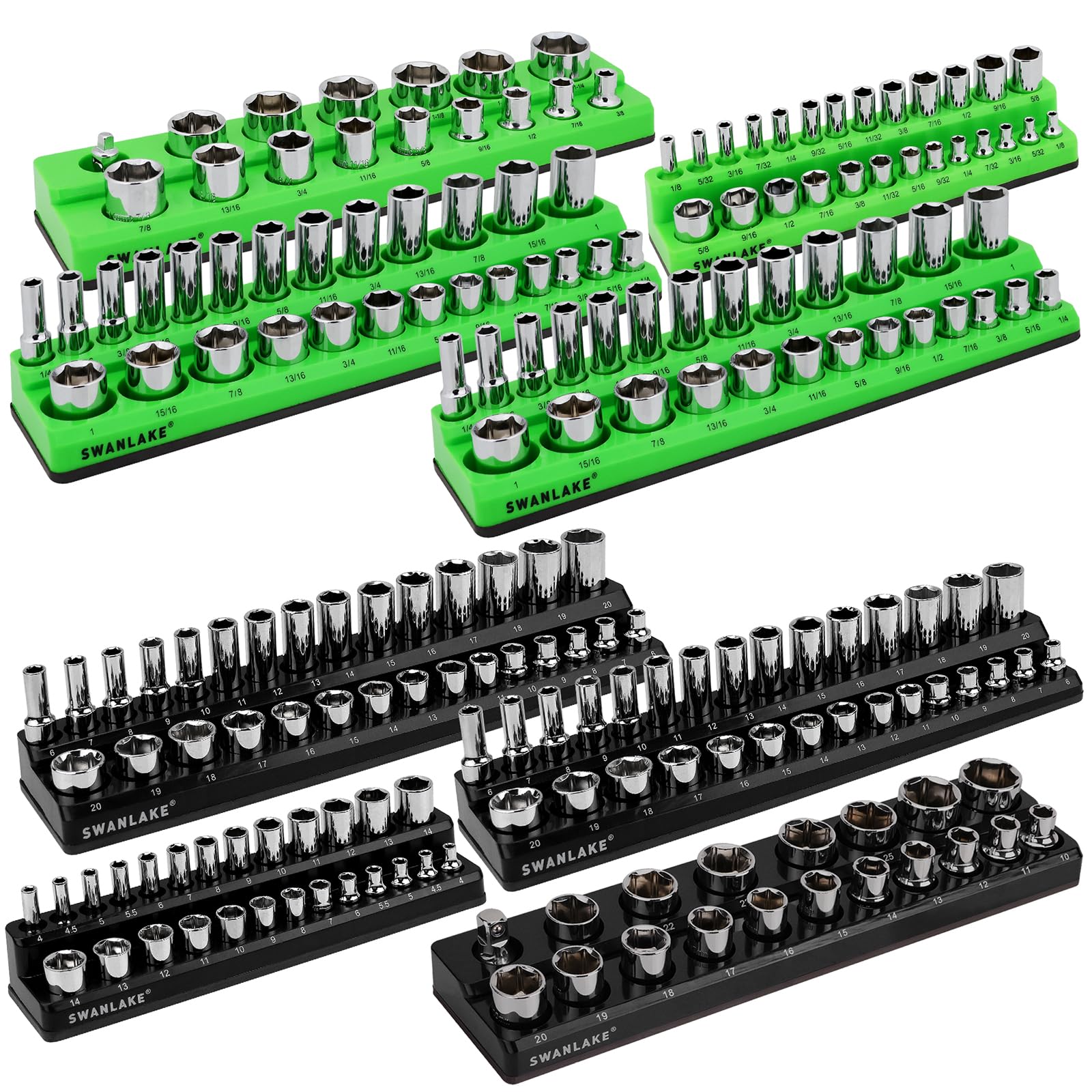Magnetic Socket Organizer Holder Tool: 8PCS Set includes 2PCS 1/4", 4PCS 3/8", 2PCS 1/2" Drive Socket Storage Trays Toolboxs, Holding 199 Slots Soft Rubber Covering Black Green (sockets not included)