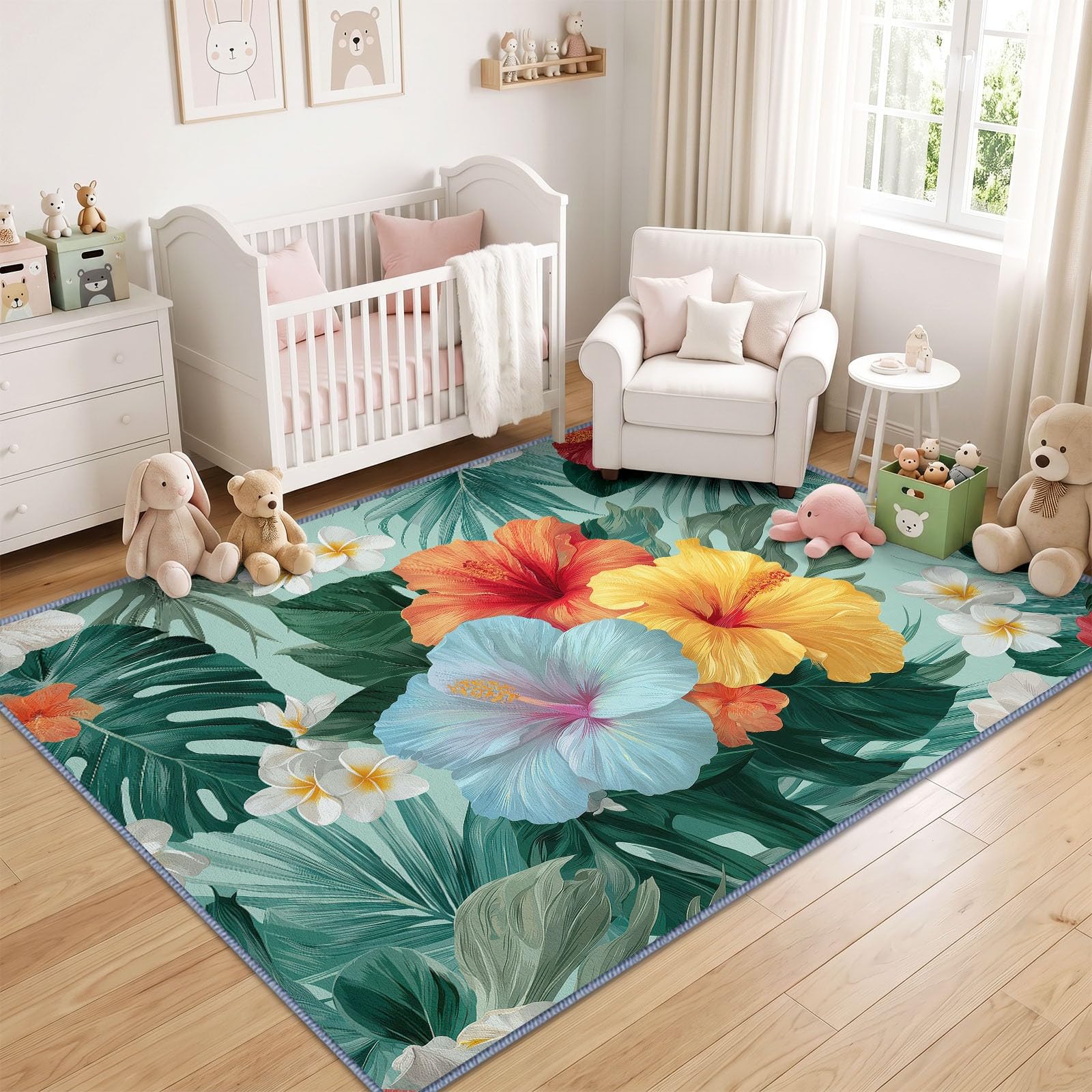 Tapis en Flanelle Douce 160 x 230 cm Feuilles Tropicales D'Hibiscus Palmier Tapis de Salon, Antidérapant et Lavable en Machine – Idéal Chambre – Poils Courts Facile à Nettoyer, Regardez Le Vert