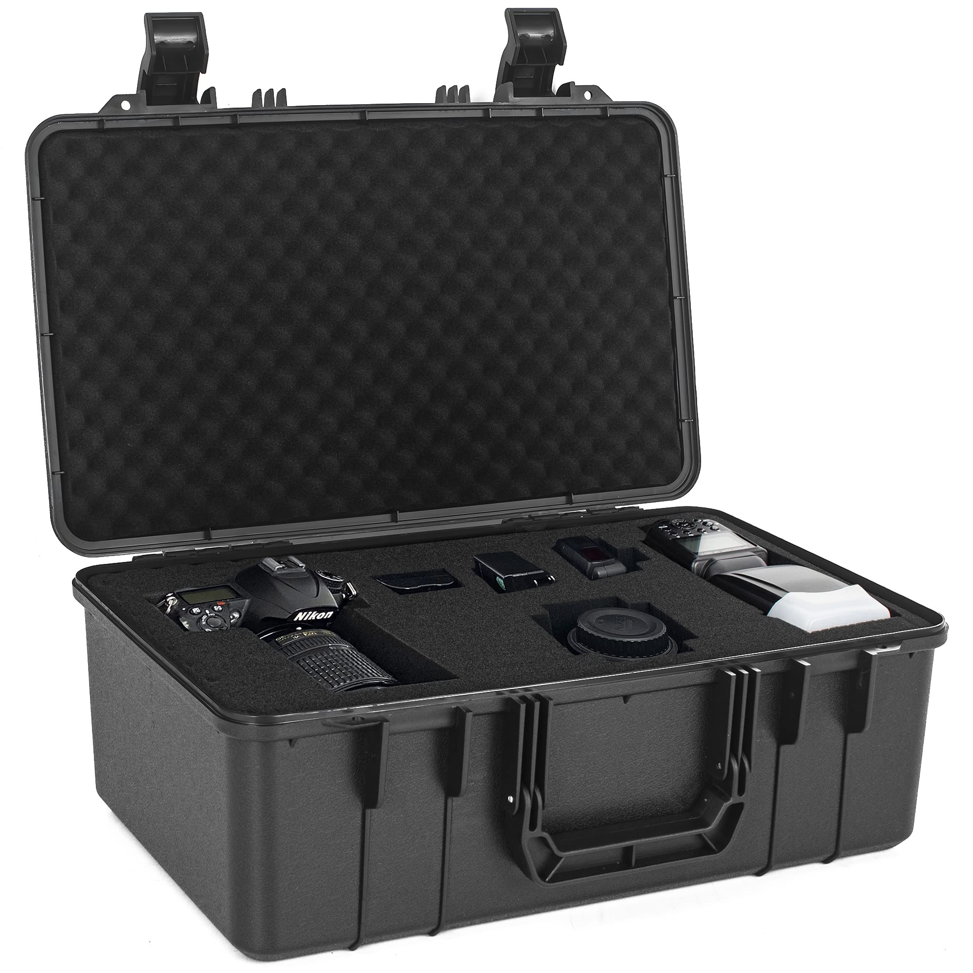TORIBIO Funda rígida para micrófono, drones, cámara, equipos, estuche de almacenamiento portátil, caja dura de espuma precortada, caja de seguridad anticaídas para viajes, excursiones de mano, 17 x 10