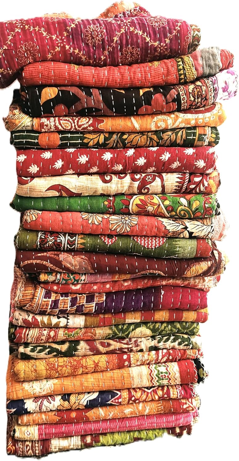 Indian Wholesale Handmade Cotton Kantha Quilts Vintage Bed Cover Throw Blanket Reversible Tribal Boho Bedding Bedspread Twin Size 54x84 Inches Assorted Multicolor Patchwork