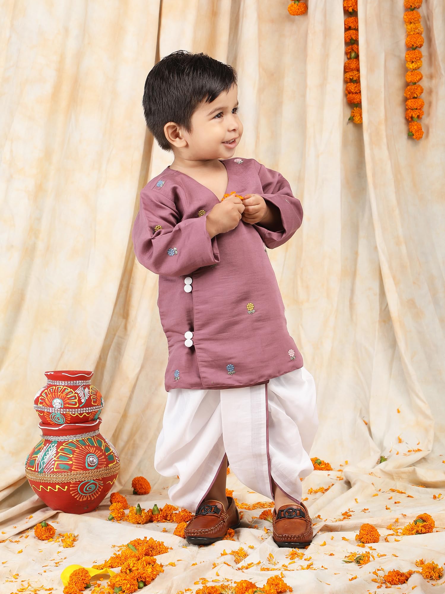 POLKA TOTS Full Sleeve Angrakha Kurta and Dhoti Set - 100% Cotton Traditional Ethnic Wear for Boys Ethnic Print | Baby Boy Kurta Pyjama for Weddings & Festivals (Mauve Flower Embroidery, 2-3 Y) 1