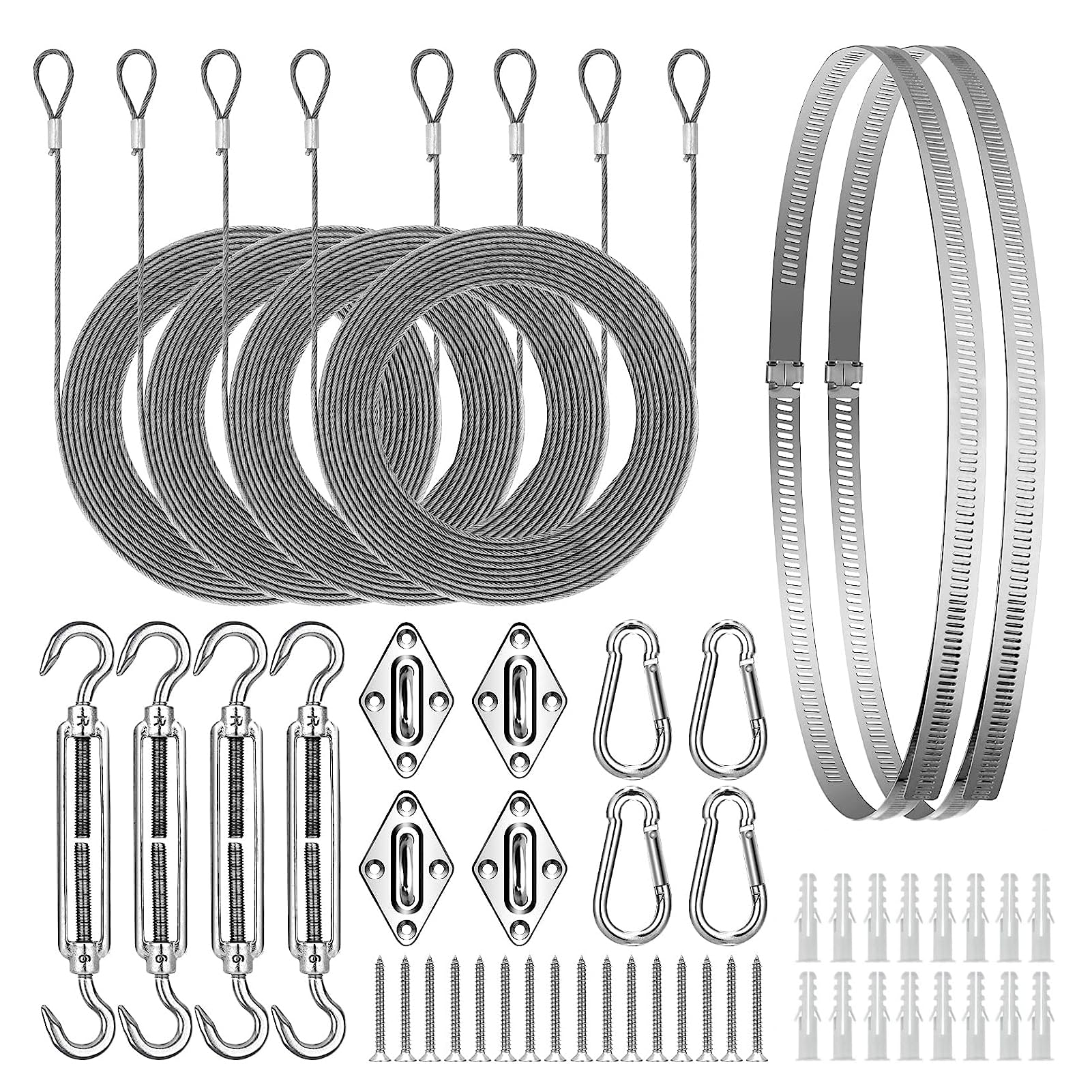 YHOME 50pcs Shade Sail Hardware Kit, Sun Shade Hardware Kit with 304 Stainless Steel Wire Rope for Rectangle/Triangle Sun Shade Sails, Stainless Steel Accessories for for Garden Outdoors