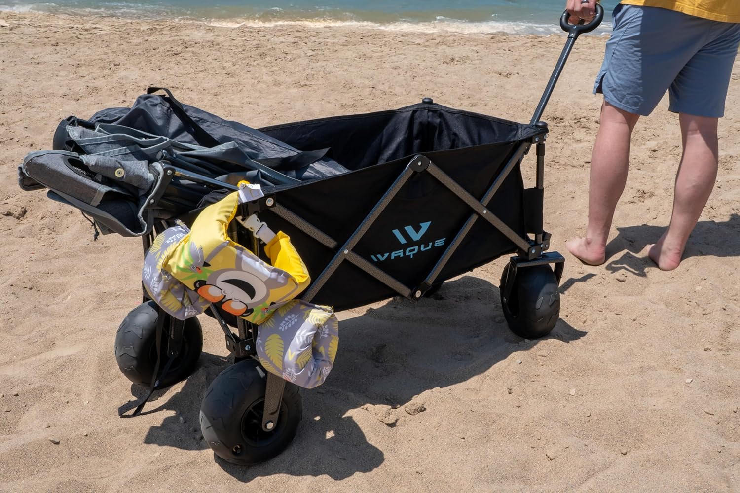 Folding Utility Wagon Cart, Tires for Sand Heavy, Duty Beach Garden Cart with Sand Wheels (Black)