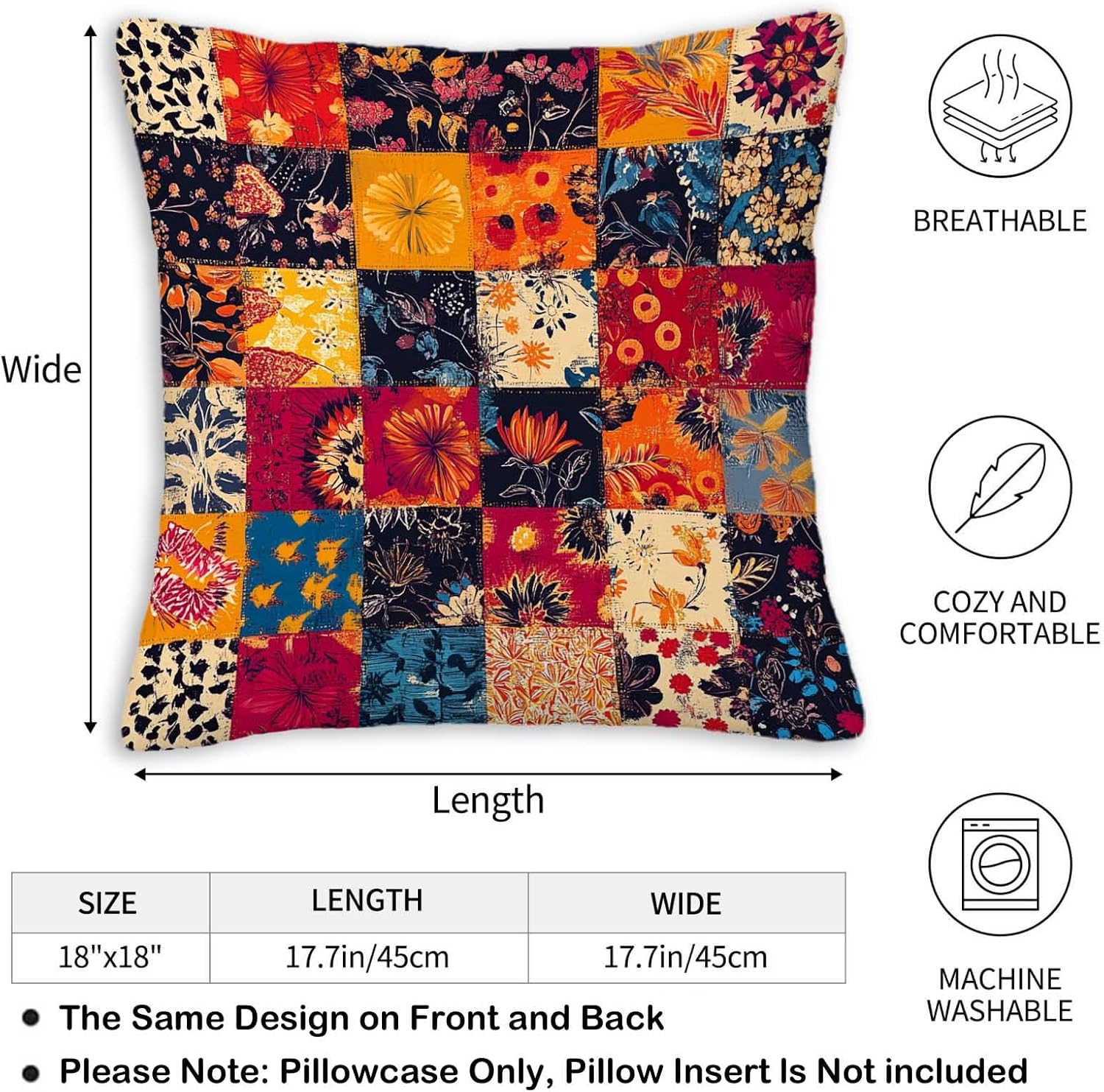 Printed Patchwork Inspired Throw Pillow Covers 18x18 Set of 2 | Floral Quilt Look Cushion Cases | Home Decorative Pillowcases for Couch, Sofa, Bed and Living Room - Image 5