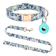 Dog Collar and Leash Set with AirTag Holder,Adjustable Dog Collars with Quick Release Metal Buckle,Flowers Patterns with Soft Padded for Small Medium Large Dogs