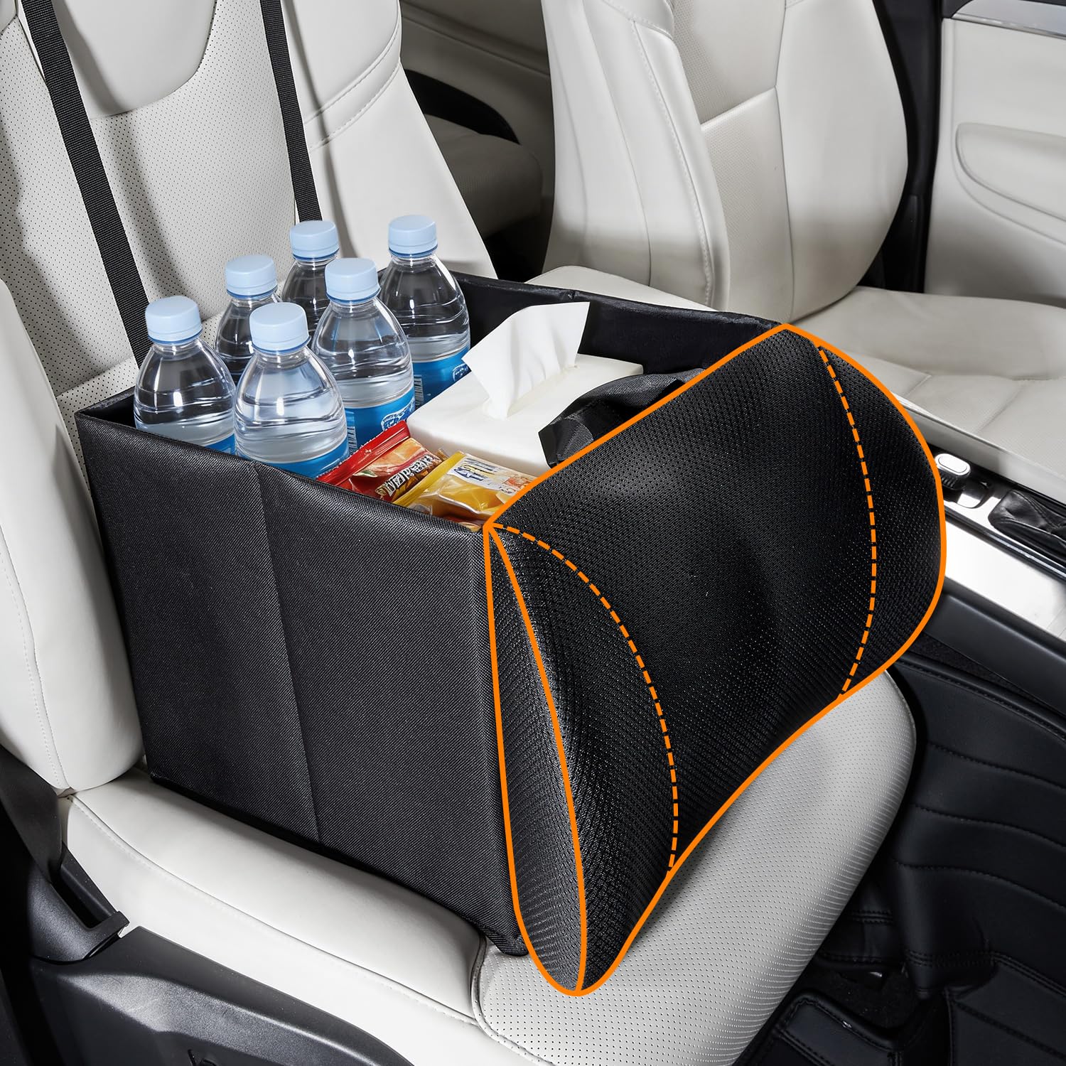 GGW Organizador plegable 2 en 1 para asiento del copiloto con cojín lumbar | Caja plegable resistente como solución de asiento y almacenamiento. Adecuado para coches, coches, SUV y camionetas