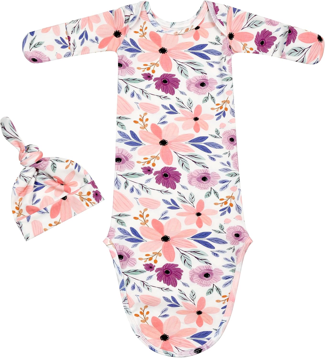 Newborn Baby Cotton Knotted Gown with Mittens Long Sleeve Sleeper Gown Nightgown Coming Home Outfit with Hat 2 Pieces