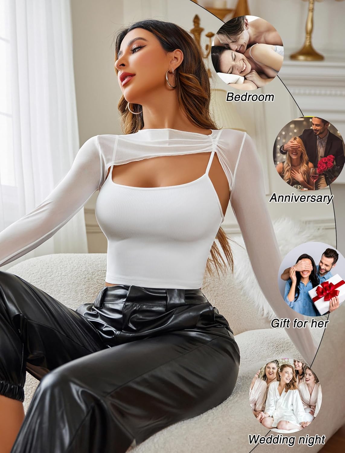 Avidlove Women Sexy Long Sleeve Mesh Crop Top Solid Cover Up with Spaghetti Strap Cami Top 2 Pieces Clubwear with Thumb Holes - Image 5