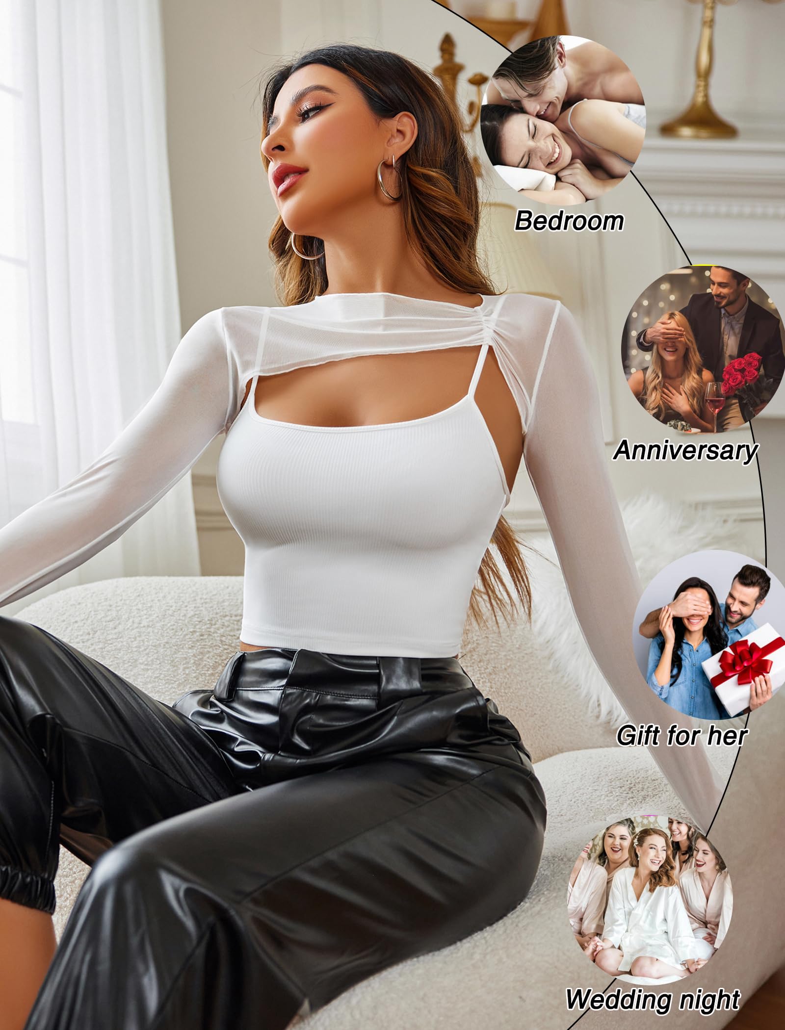 Avidlove Haut court sexy à manches longues en maille pour femme avec bretelles spaghetti 2 pièces avec trous pour les pouces