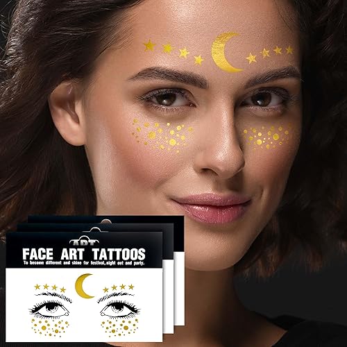 Miniatura 8 de 3 hojas de pecas cara metálica tatuaje adhesivo  ojo dorado purpurina temporal transferencia de agua tatuaje maquillaje profesional bailarina
