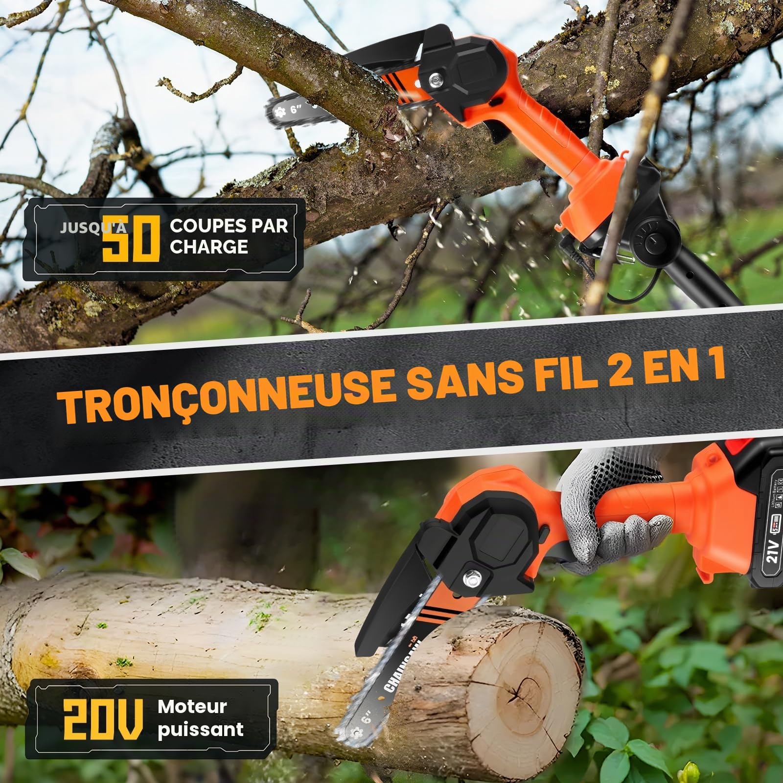 Tronçonneuse et Élagueuse Télescopique 2-en-1 pour Makita 18V, Avec 2 Batteries 1,5 Ah, Chargeur, Chaînes 6+8 Pouces, Perche Télescopique de 2,3 m, Scie Électrique à Branches pour Arbustes