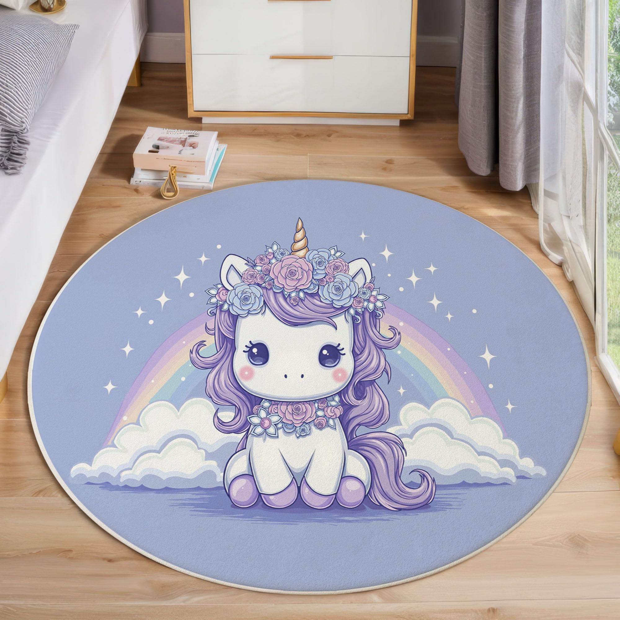 Alfombra Salon Redonda Cuento Hadas Ensueño 160cm - Tapetes de Pelo Corto Suave Arcoíris Caballo Blanco Alfombras de área Antideslizantes y Lavables para Dormitorio y Comedor, Morado Claro