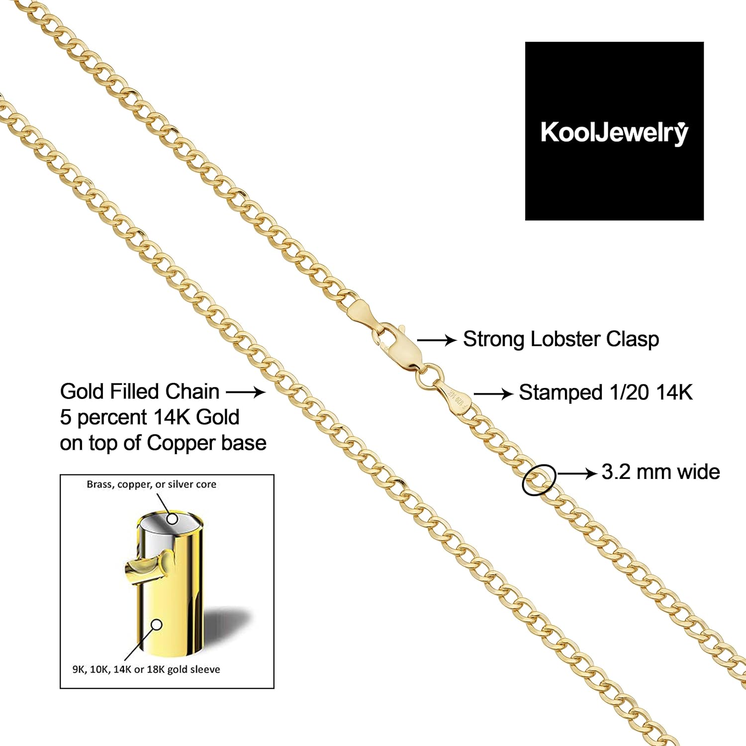 Kooljewelry 14k Yellow Gold Filled 3.2 mm High Polish Miami Cuban Curb Chain Necklace - Image 2