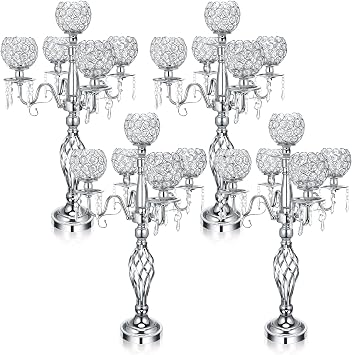 Nitial 4 Pcs 5 Arm Crystal Candelabras Centerpieces 27 Inch,Silver
