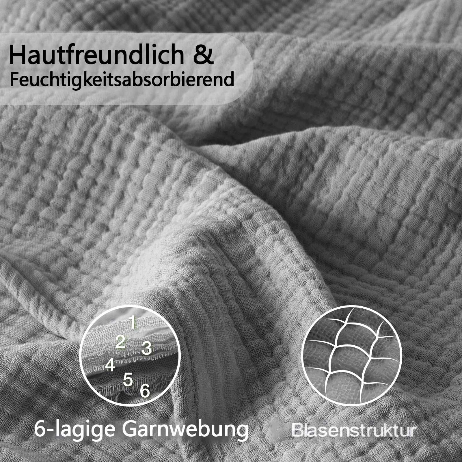RILIHO Musselindecke 152 x 203 100% Baumwolle atmungsaktive Gaze-Decke Sommer Decke weich leicht Wohndecke Couch Decken bettdecke Mittelgrau