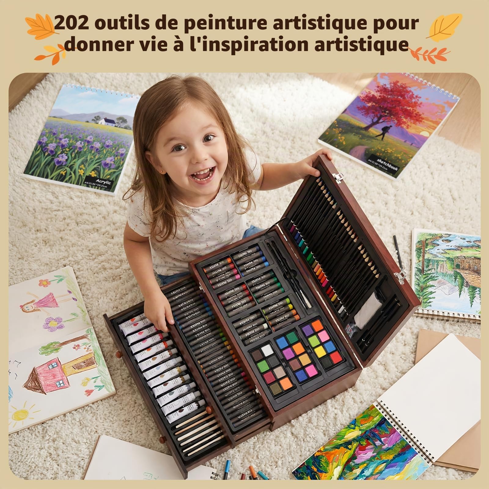 MAMIZO Kit de peinture de qualité supérieure - 202 pièces - Mallette de peinture avec crayons de cire, crayons de couleur, pastels à l'huile et peintures acryliques, chevalet et boîte en bois, kit de