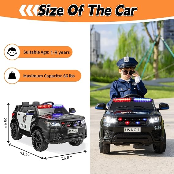 TOBBI 12V Police Ride-On Toy Electric Car for Kids 1-8 to Drive | Battery Powered Cop Truck with Blutooth, Remote Control, Siren, Flashing Lights, Music for Toddlers, Black
