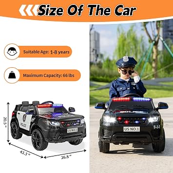 TOBBI 12V Police Ride-On Toy Electric Car for Kids 1-8 to Drive | Battery Powered Cop Truck with Blutooth, Remote Control, Siren, Flashing Lights, Music for Toddlers, Black