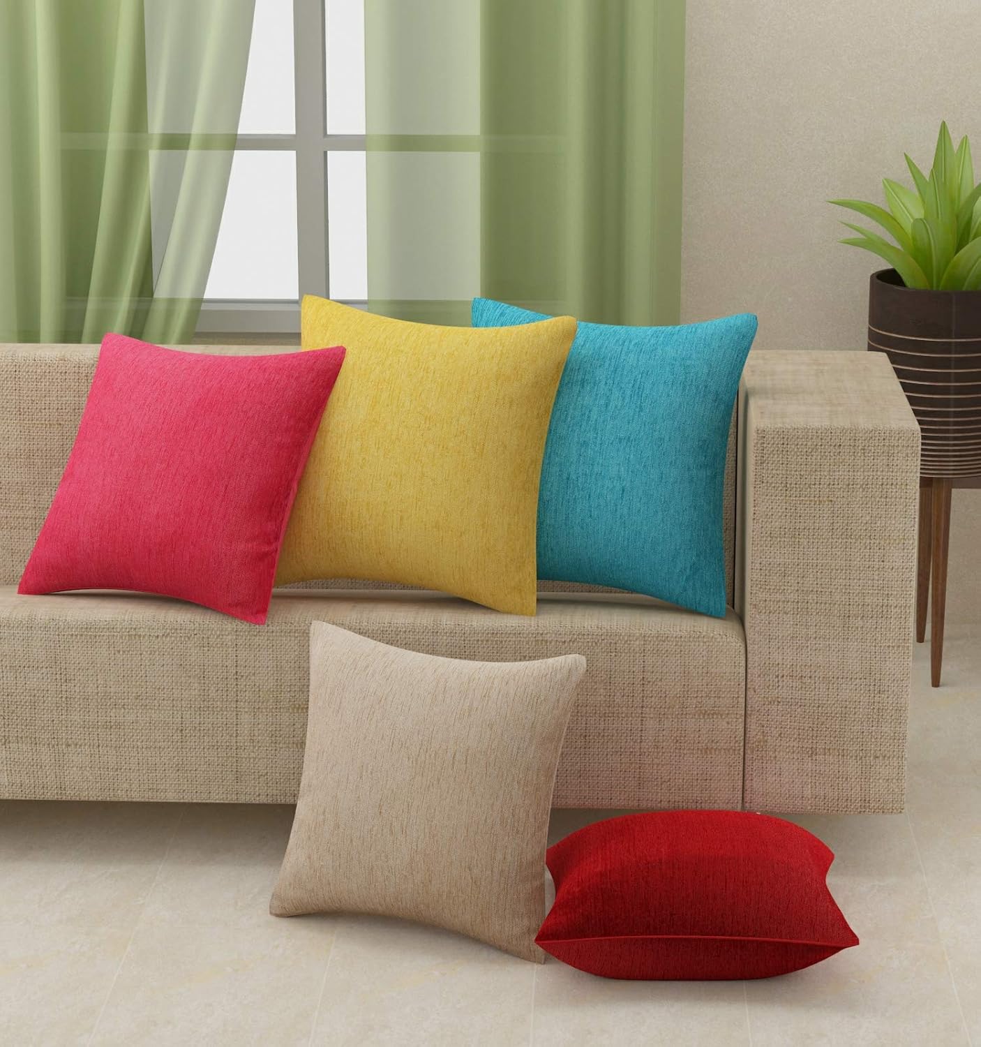 Buy DEVSANG Plain Chenille Cushion Covers Pack of 5 (16 x 16 inches