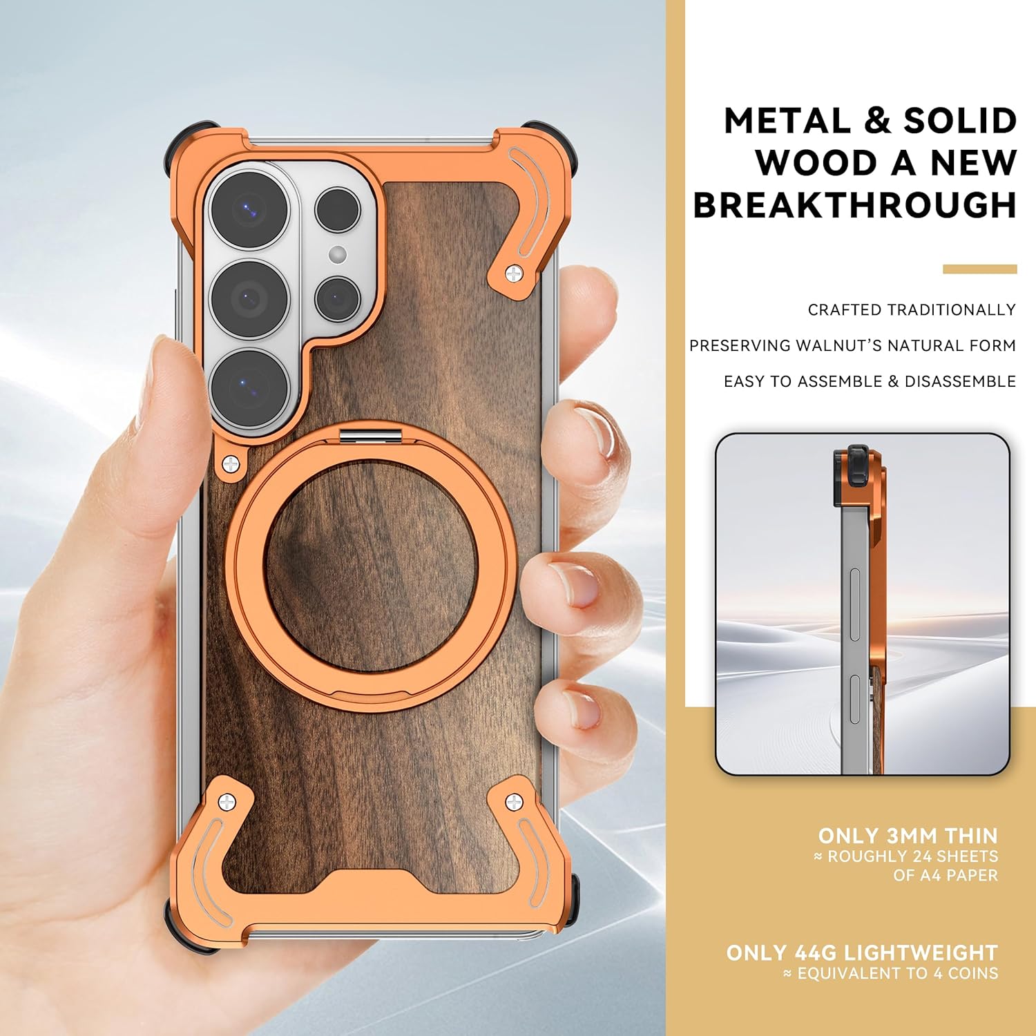 Walnut Wood Aluminum Bumper Case for Galaxy S26 Ultra, Magnetic Ring for Charging Mounts 360°Degree Rotating Stand Slim Frameless Edge Shockproof Corner Cushion Camera Guard, [MW Orange]