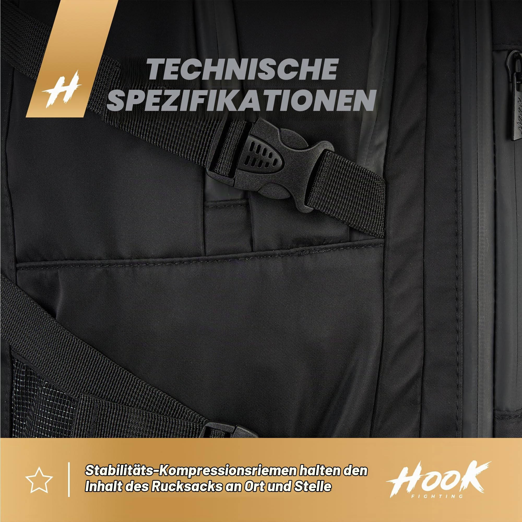 HOOK FIGHTNG COMPETITION Sport Rucksack in Schwarz mit einem Fassungsvermögen von 45/63 Litern Schutz vor Feuchtigkeit Belüftete und thermoaktive Tasche/Fitness Rucksack Verstellbares Volumen Stabilit