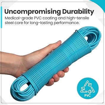 Hardys 15m Washing Line Rope | Strong & Long Clothes Line Rope with Steel Core & PVC Coating | For Indoor, Outdoor & Camping | Rot, Mould & Weather Resistant | Blue