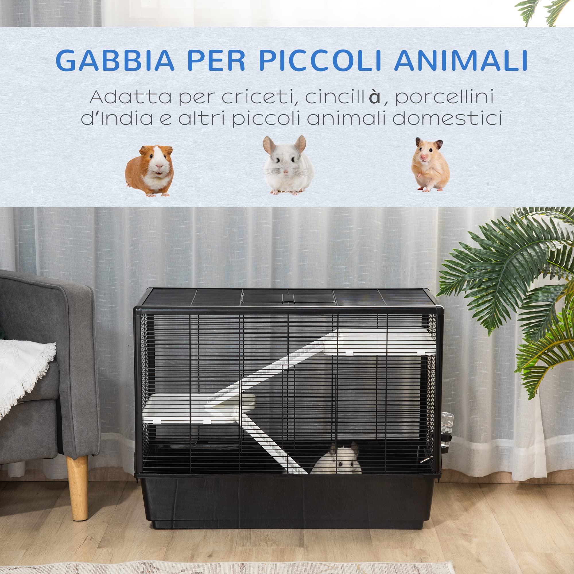 PawHut Gabbia per Porcellino d'India e Criceti con Maniglia 80x48x58cm Nera | Serbatoio d'Acqua, Rampa, Piatto per Cibo