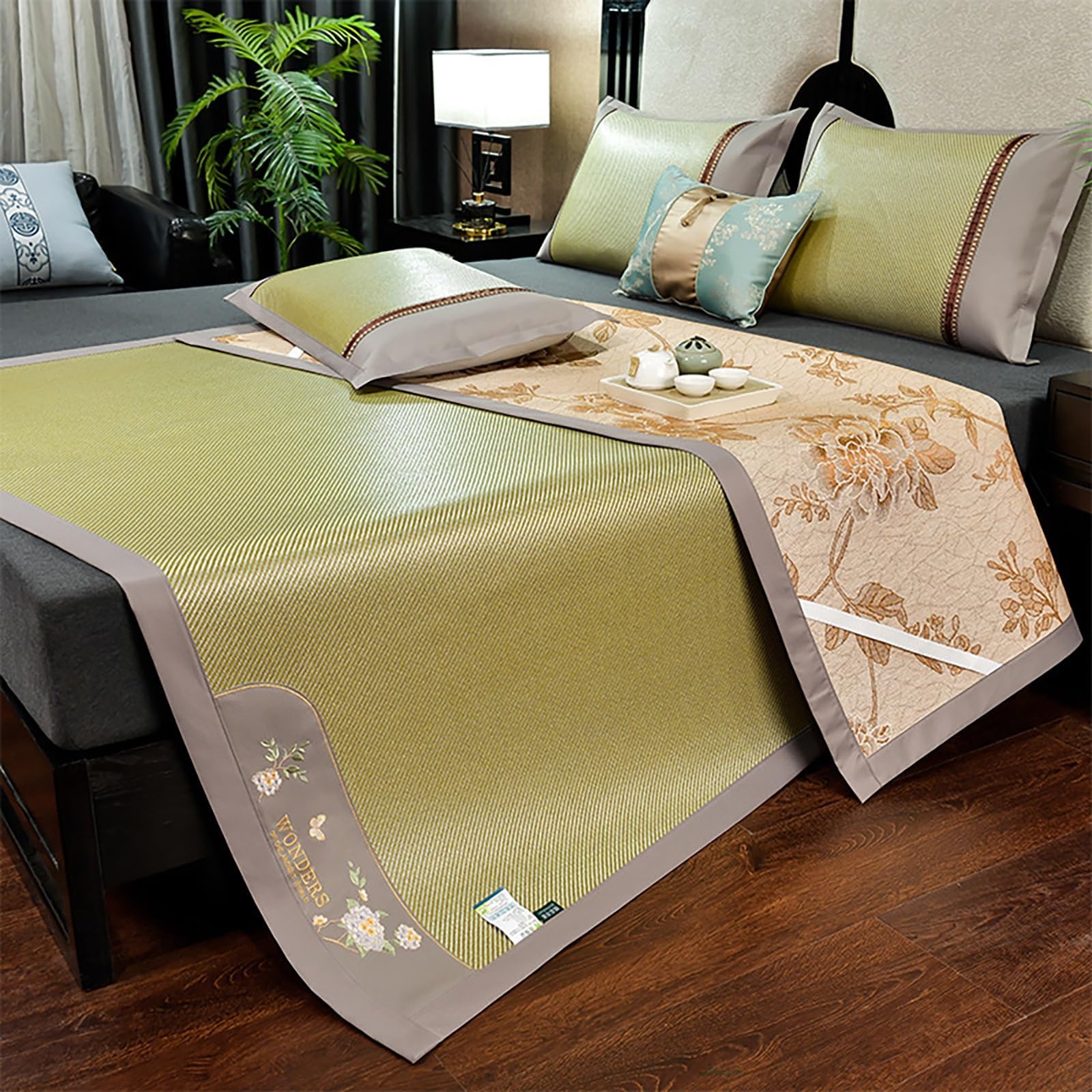 Rattan Summer Cooling Sleeping Mat, Folding Smooth Air Conditioning Mat for Bed, Double-Sided Cooling Bed Sheet with Ice Silk, Summer Cooling-Sleeping Mat with Pillowcase for Single Double Bed Bedroom