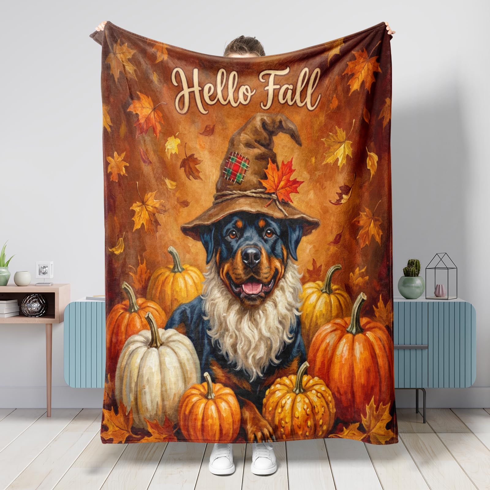 Couverture pelucheuse Rottweilers pour canapé salon plaid citrouille d'automne feuille d'érable