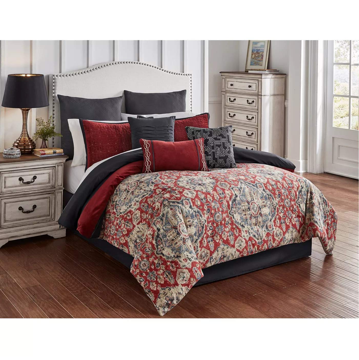 Riverbrook Home100% Polyester Comforter Set, King, Sadler - Red/Gray, 10 Piece Set