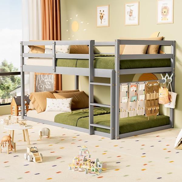 TOLEAD Low Bunk Bed Twin Over Twin, Floor Bunk Bed with Ladder, Twin Bunk Bed with Full Guardrails, Wooden Bunk Bed for