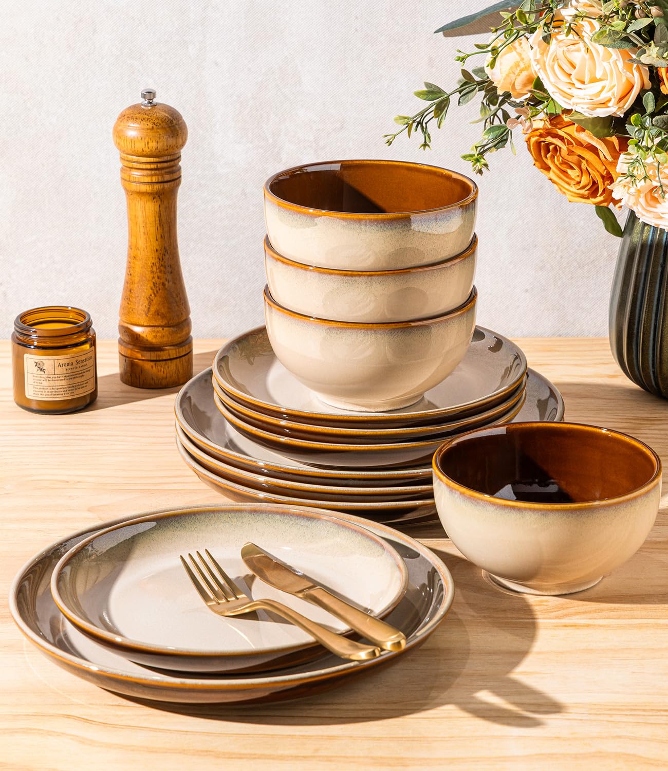 LeRatio Ceramic Dinnerware Sets for 4,12Pcs Porcelain Plates and Bowls Set