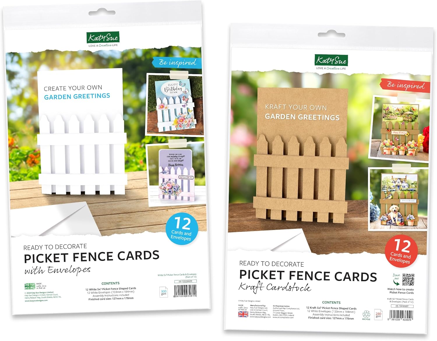 Katy Sue White & Kraft Picket Fence Shaped 5 x 7 Inch Cards & Envelopes, 24 Pack. Made in the UK by Katy Sue Designs Card Making
