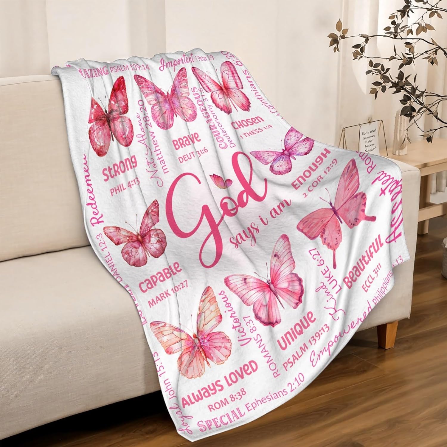 Christian Blanket, Butterfly Throw Blanket for Women Mom Girl,Catholic Gifts,Inspirational Faith Prayer Quilt with Bible Verse Scripture,Soft Flannel, Pink, 40" x 50"